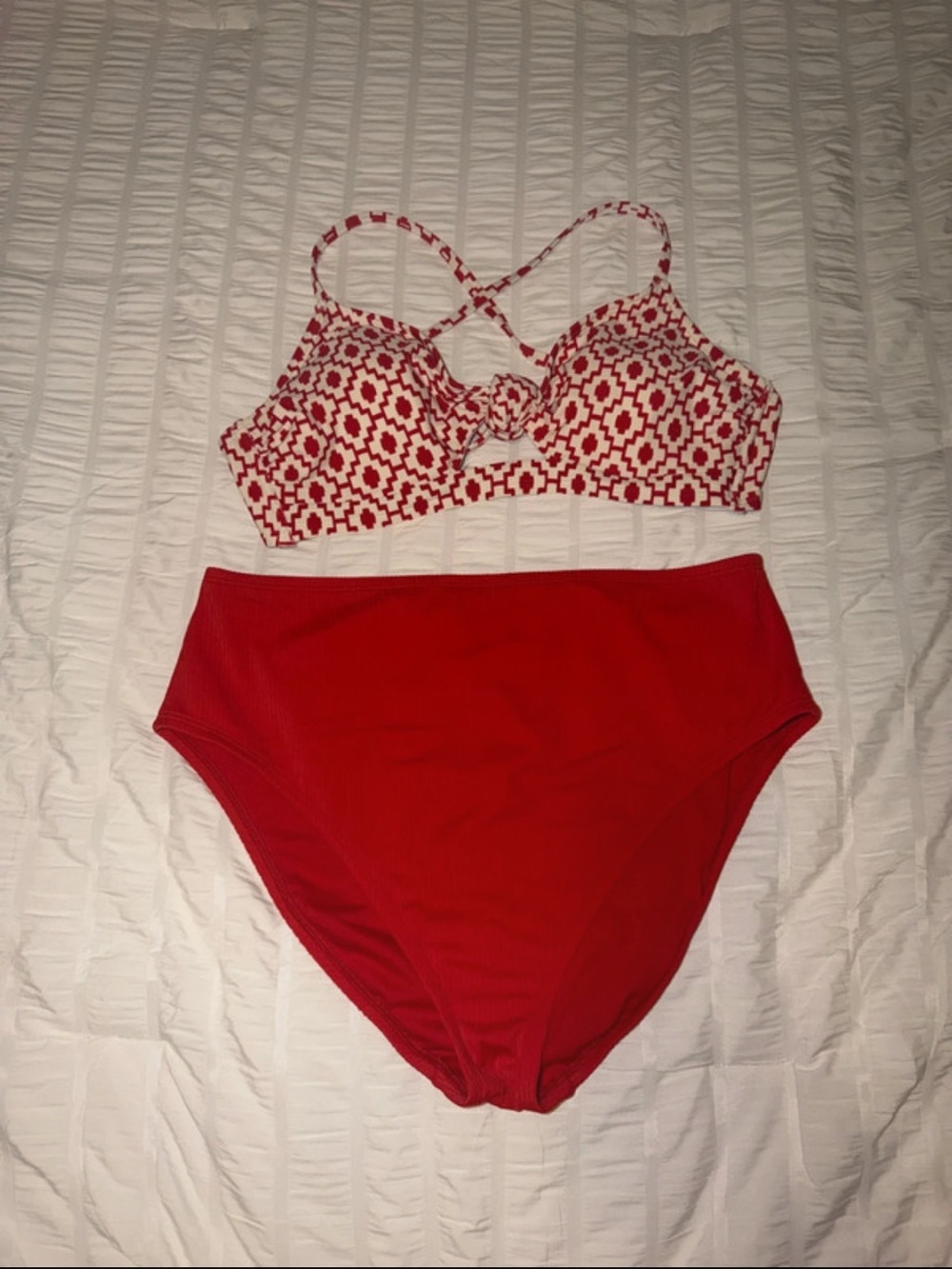 Shade & Shore Red Printed Bikini Set with High-Waist Solid Bottom